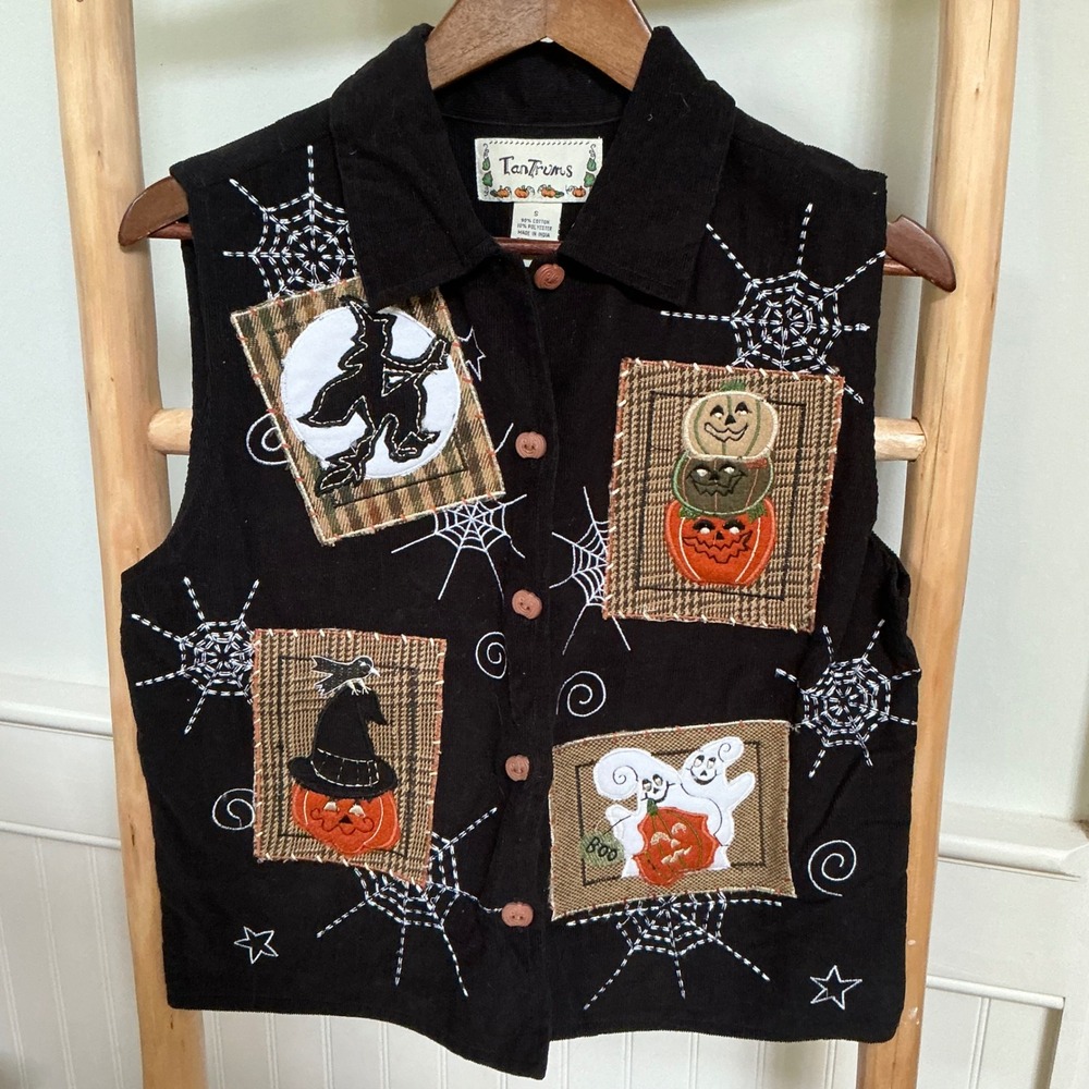 TanTrums Vintage Halloween Corduroy Vest Black Small Witch Ghost Pumpkin Patch